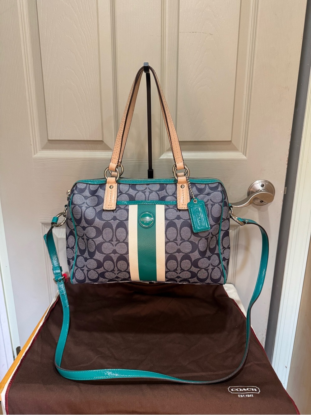 Coach F24362 Signature Stripe Satchel Crossbody Bag Navy Blue Teal w/ Dust Bag